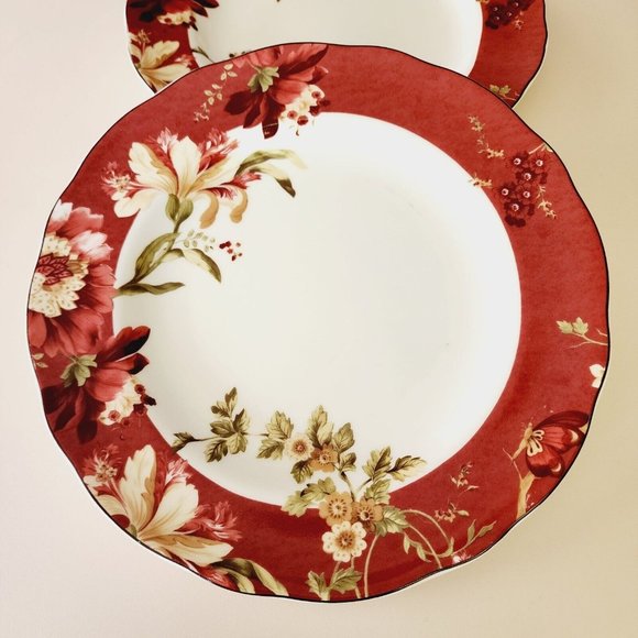 222 Fifth Fleur Rouge Dinner Plates 11” set of 2 Summer Botanical Lutece series - Picture 1 of 10